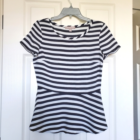 Banana Republic black white striped peplum top blouse 4 Petite 4P short sleeve - Picture 3 of 10